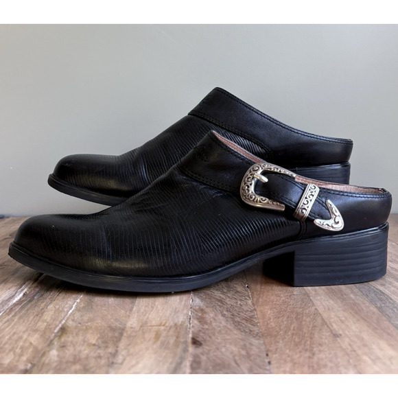 ARIAT Black Leather Mules Womens Sz 9 Western Silver Buckle Slip-On Heels 94509 - Picture 1 of 14
